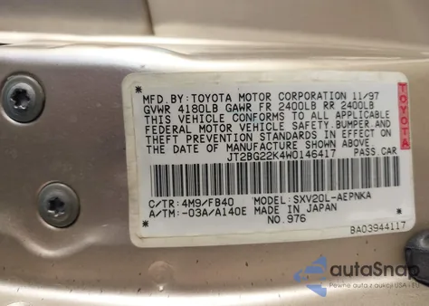 1998 Toyota Camry Le z USA, uszkodzony, nr VIN JT2BG22K4W0146417